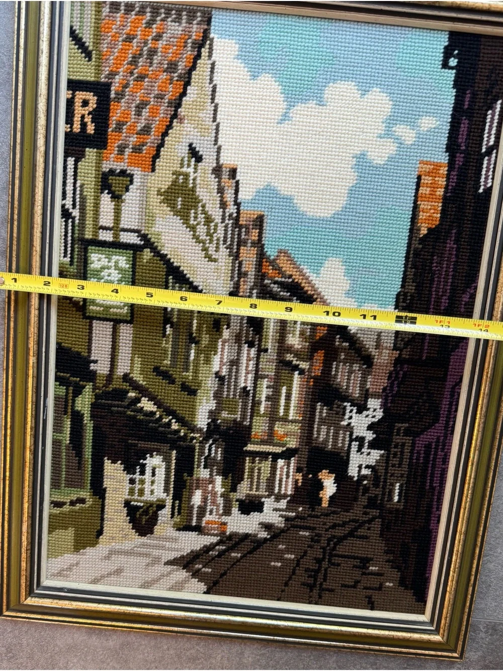 Vintage Needlepoint Street Scene Wall Art in Blue, Green, Brown